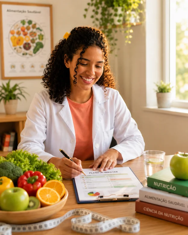 Nutricionista montando um plano alimentar no consultório